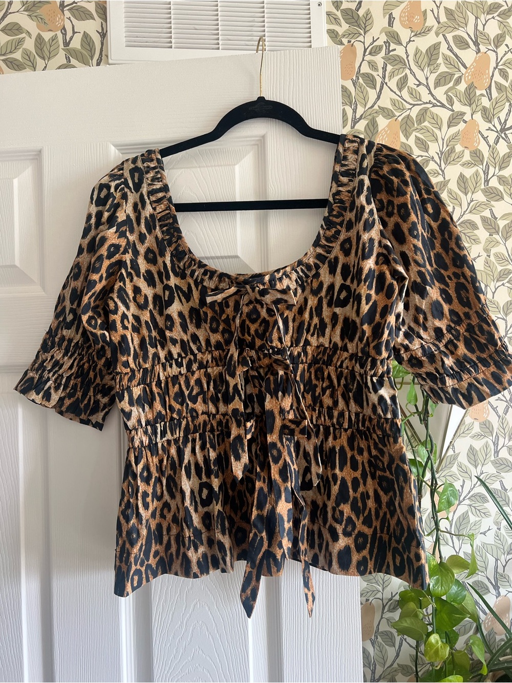 Leopard Print Puff Sleeve Peplum Blouse - Brown